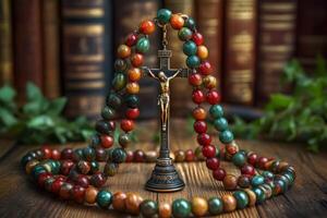 Colorful Rosary Beads with Crucifix Resting on Wooden Table in Front of Books photo