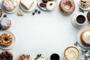 Delicious pastries and coffee creating a frame on white background photo