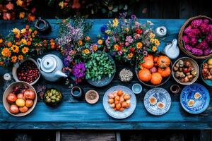 Autumn table setting decorated with pumpkins, flowers, and fruits photo