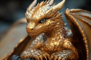 Golden dragon resting on a rock, observing with intense gaze photo