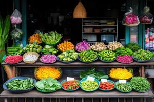 Colorful fresh vegetables displayed on wooden table in traditional market stall photo