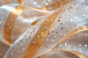 Elegant white and gold ribbon with rhinestones creating a festive atmosphere photo