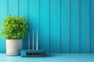 Wireless router providing internet access in modern home with plant photo