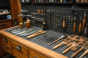 Organized workshop with tools on wooden workbench photo