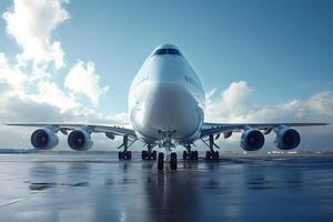 Majestic airplane parked on wet runway photo