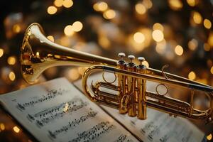 Shiny trumpet resting on musical sheet with bokeh lights photo