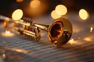 Golden trumpet resting on musical sheets with warm lights photo