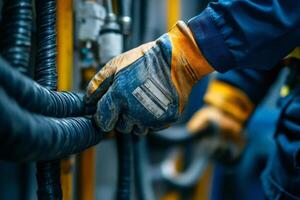 Industrial worker checking hydraulic system hoses in workshop photo