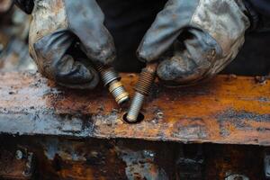 Mechanic repairing rusty engine with bolts photo