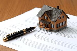 Miniature house resting on a contract with a pen, symbolizing real estate purchase agreement photo