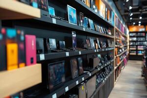 Modern electronics store displaying various devices and accessories on shelves. photo
