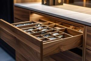 Open wooden drawer organizing accessories with elegance and functionality photo