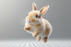 Adorable fluffy bunny jumping with open mouth and paws up photo