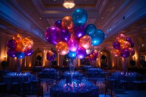 Colorful balloons decorating a luxurious ballroom for a special event photo