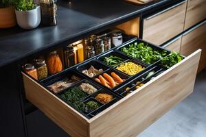 Modern kitchen drawer open showing organized food storage with vegetables, grains, and spices photo