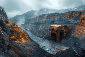 Trucks carrying coal in open pit mine on gloomy autumn day photo