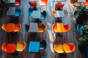 Colorful chairs and tables creating a vibrant and playful atmosphere in a modern cafeteria photo