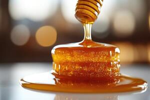 Honey dripping from wooden dipper on honeycomb, creating golden puddle photo