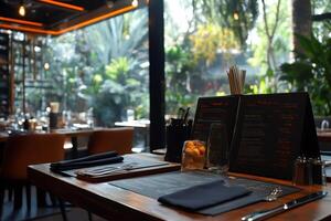 Elegant restaurant table setting with menu and tropical garden view photo