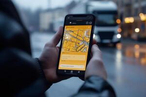 Businessman using gps navigation app on smartphone in city street with truck passing by photo