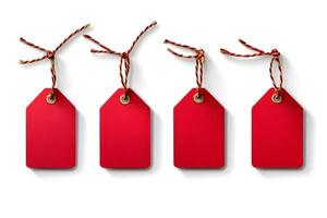 Four red blank hanging price tags with gold string on white background photo