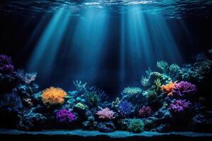 Sunlight piercing through ocean surface illuminating colorful coral reef photo