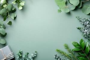 Eucalyptus leaves and gift box framing green background with copy space photo