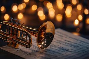 Shiny trumpet resting on musical sheet with bokeh lights. photo