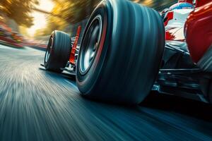 Formula one race car speeding on a circuit during competition photo