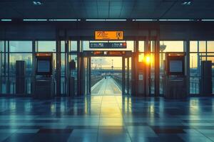 Sunset illuminating empty modern airport terminal building photo