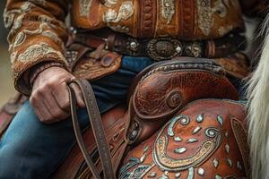 Cowboy holding reins while riding horse with ornate saddle and chaps photo