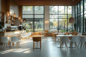 Empty trendy cafe with natural light and minimal style, creating welcoming atmosphere photo
