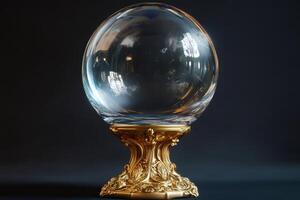 Crystal ball resting on an elegant golden pedestal, revealing the future photo