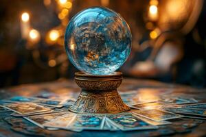 Crystal ball resting on an ornate pedestal surrounded by tarot cards, with warm candlelight in the background, creating a mystical atmosphere photo