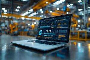 Laptop showing industrial control panel monitoring production line in background in a smart factory photo