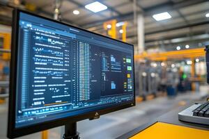 Computer showing programming code and statistics on monitor in factory setting photo