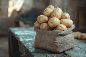Sack of fresh potatoes sitting on rustic wooden table in cellar photo
