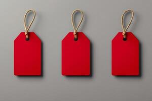 Three red blank hanging price tags with string on gray background photo