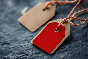 Two cardboard tags with red label and twine lying on dark background photo