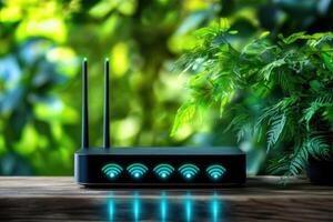 Wireless router providing strong wifi signal in lush green environment photo