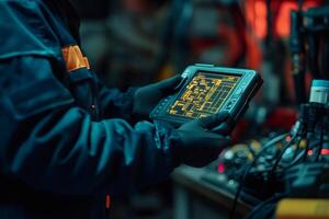 Technician analyzing circuit design on digital tablet photo