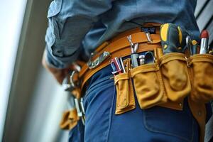 Skilled worker with tool belt in action photo
