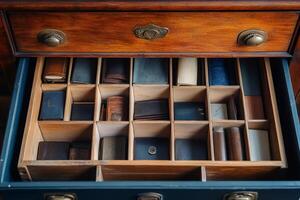Neatly arranged vintage wallets in a wooden drawer photo