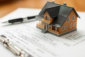Miniature house resting on a contract with pen and clipboard suggesting purchase agreement photo