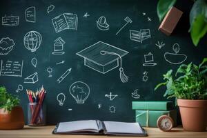 Graduation concept with mortarboard and open notebook on desk photo