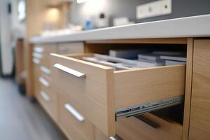 Modern kitchen drawer with sleek handles open photo