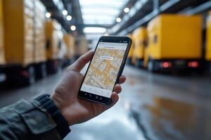 Logistics manager using gps app on smartphone in warehouse with trucks photo