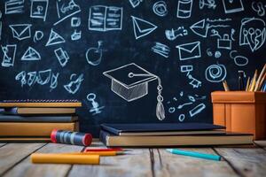Graduation cap hovering over books and pencils on wooden desk with blackboard in background photo