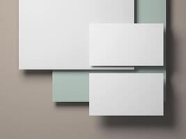 Clean and minimal business card mockup with soft pastel green and white layers, perfect for showcasing elegant branding designs. photo