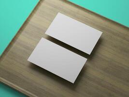 Clean double card mockup on wood texture and aqua backdrop, elegant and professional layout. photo